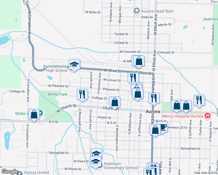 map of restaurants, bars, coffee shops, grocery stores, and more near 141 West Pleasant Street in Aurora