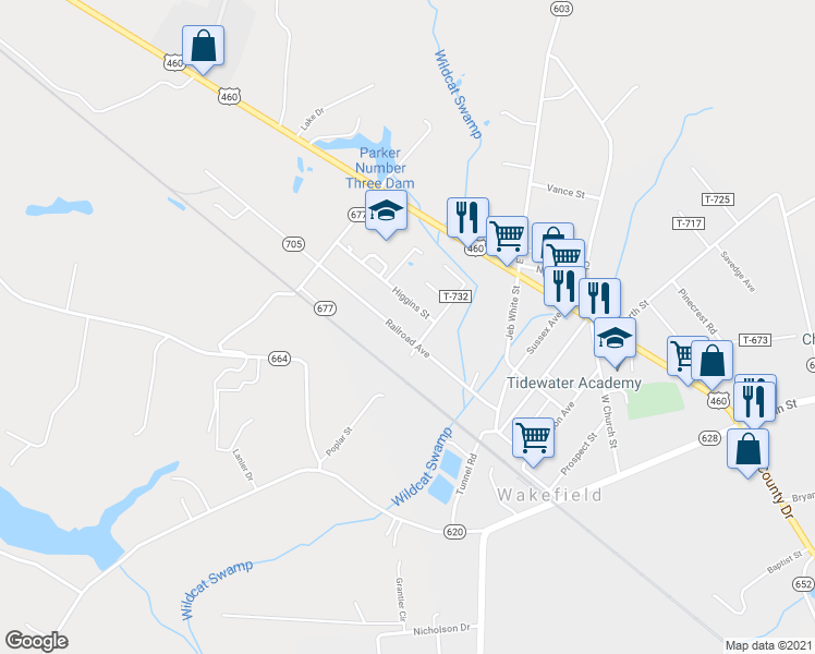 map of restaurants, bars, coffee shops, grocery stores, and more near 609 Railroad Avenue in Wakefield