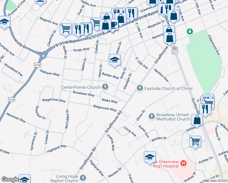 map of restaurants, bars, coffee shops, grocery stores, and more near 1807 Kirby Drive in Bowling Green