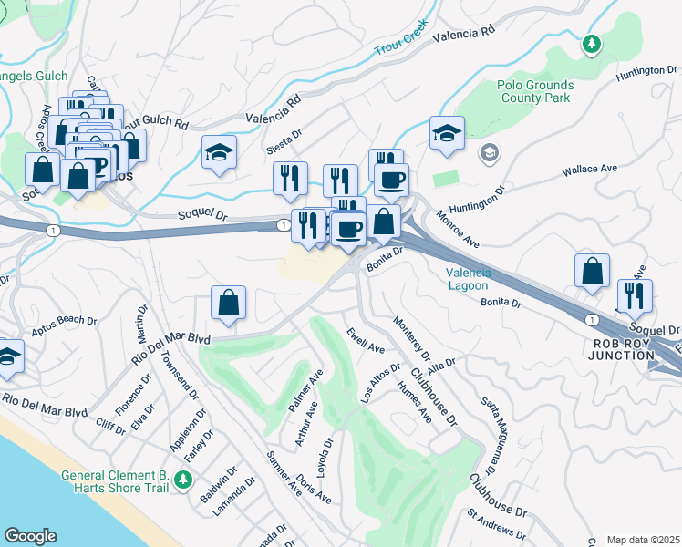 map of restaurants, bars, coffee shops, grocery stores, and more near 728 Rio Del Mar Boulevard in Aptos