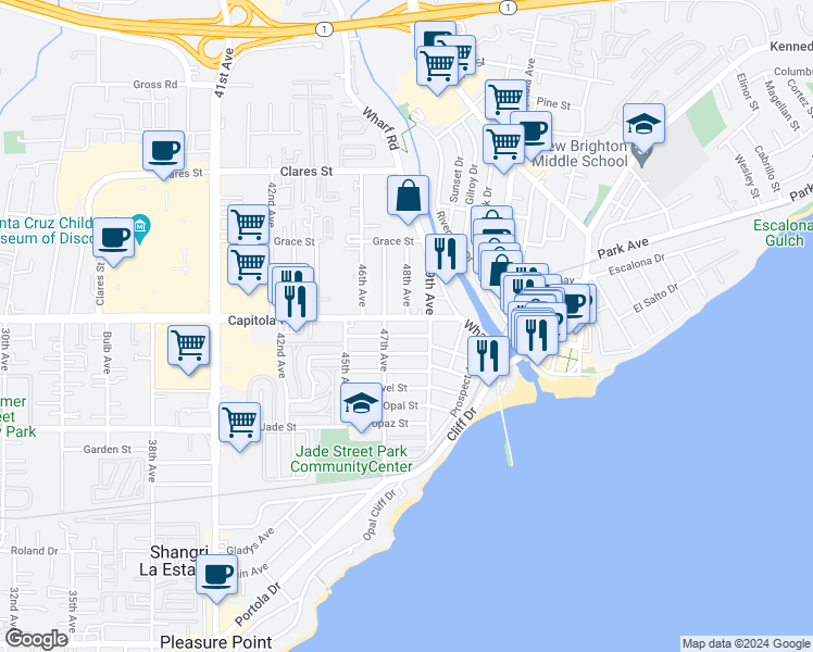 map of restaurants, bars, coffee shops, grocery stores, and more near 4790 Capitola Road in Capitola