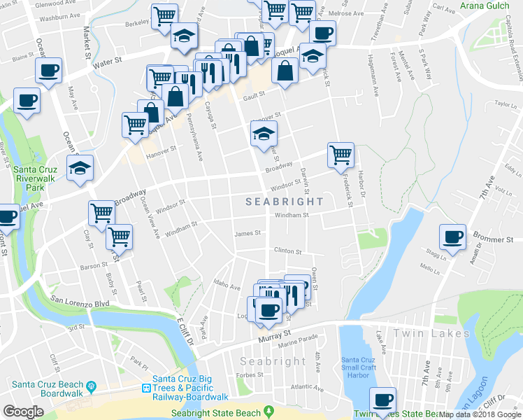 map of restaurants, bars, coffee shops, grocery stores, and more near 1111 Seabright Avenue in Santa Cruz