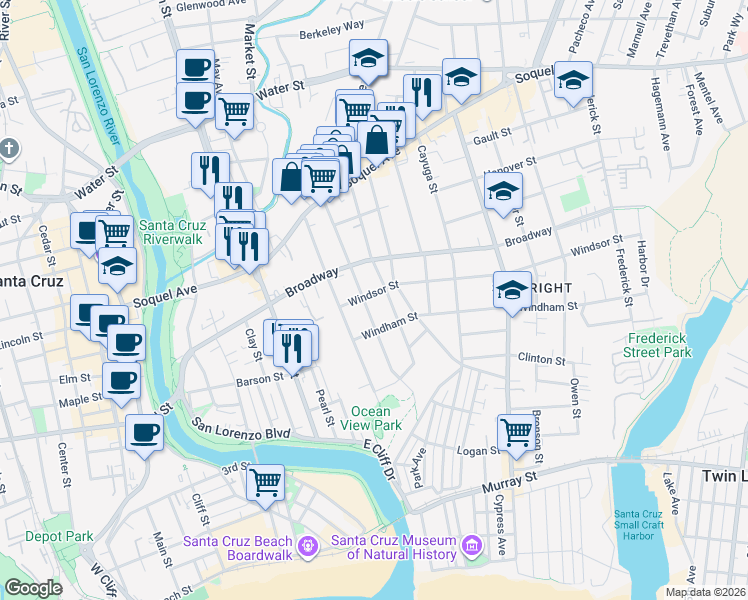 map of restaurants, bars, coffee shops, grocery stores, and more near 405 South Branciforte Avenue in Santa Cruz