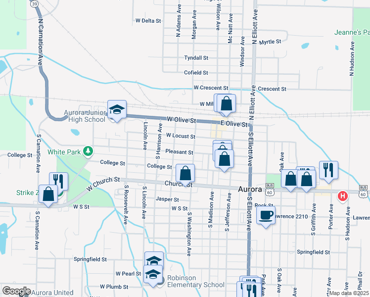 map of restaurants, bars, coffee shops, grocery stores, and more near 251-299 South Washington Avenue in Aurora