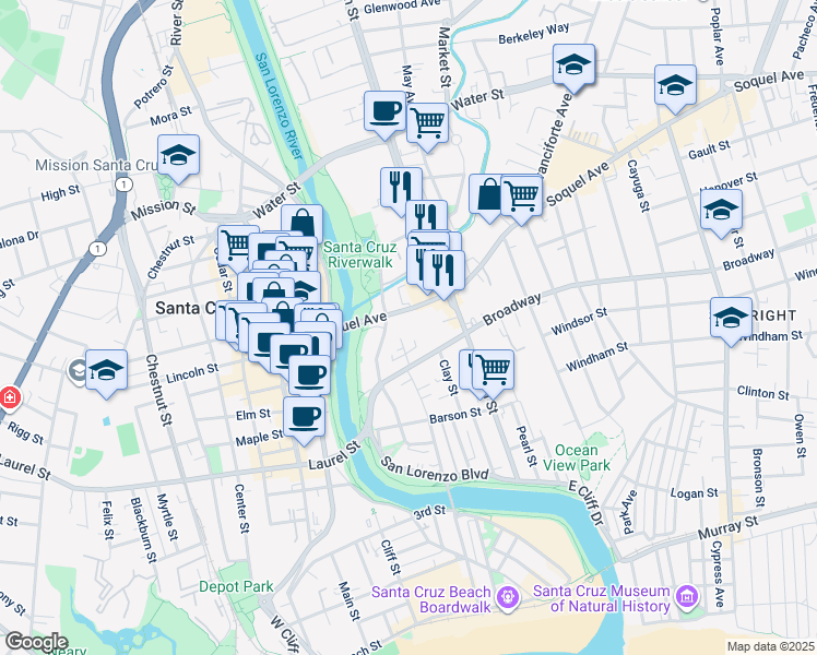 map of restaurants, bars, coffee shops, grocery stores, and more near 318 Soquel Avenue in Santa Cruz