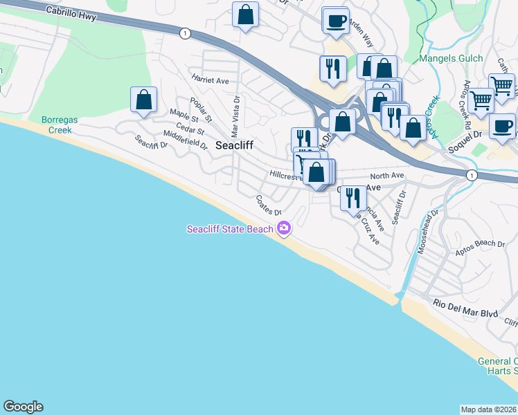 map of restaurants, bars, coffee shops, grocery stores, and more near 353 Coates Drive in Aptos