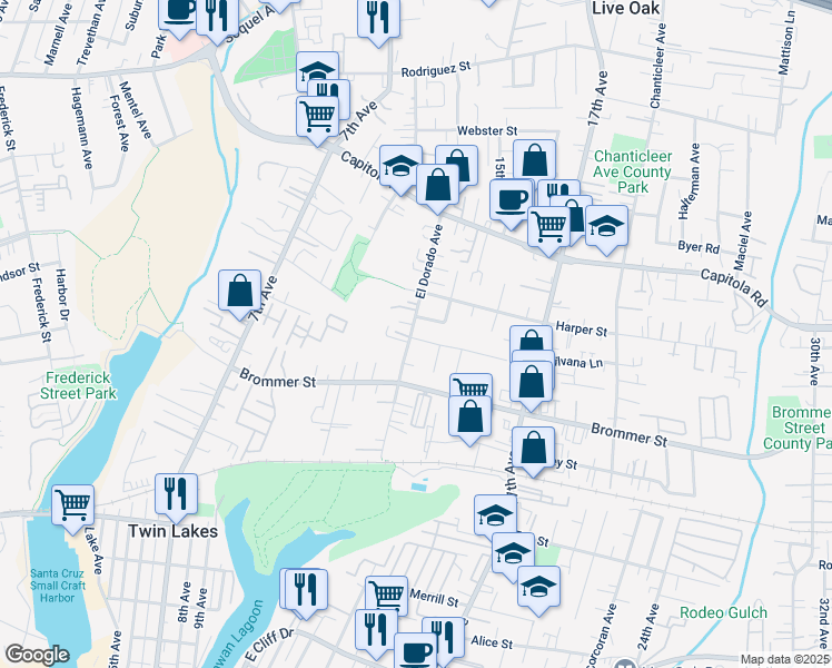 map of restaurants, bars, coffee shops, grocery stores, and more near 1215 Dougmar Drive in Santa Cruz