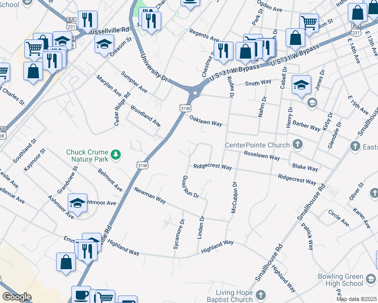 map of restaurants, bars, coffee shops, grocery stores, and more near 624-626 Windmill Circle in Bowling Green