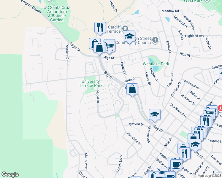 map of restaurants, bars, coffee shops, grocery stores, and more near 155 Peach Terrace in Santa Cruz