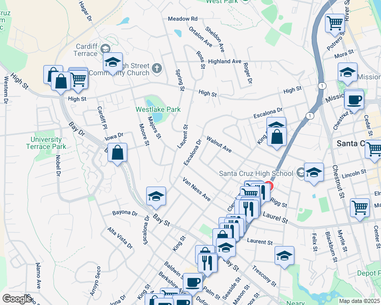 map of restaurants, bars, coffee shops, grocery stores, and more near 744 Escalona Drive in Santa Cruz