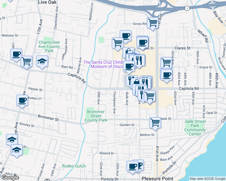 map of restaurants, bars, coffee shops, grocery stores, and more near 1645 Thompson Avenue in Santa Cruz