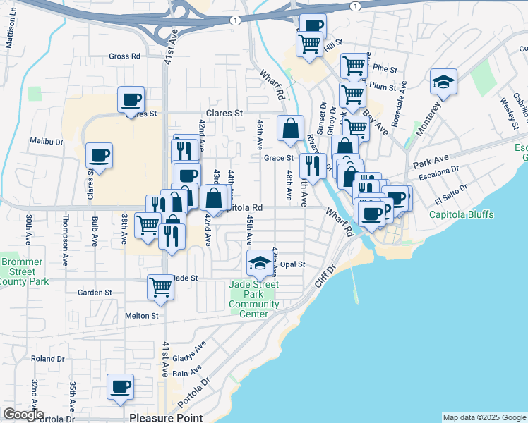 map of restaurants, bars, coffee shops, grocery stores, and more near 4610 Capitola Road in Capitola