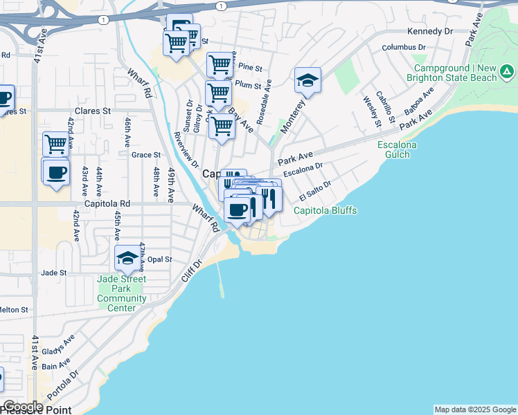 map of restaurants, bars, coffee shops, grocery stores, and more near 220 San Jose Avenue in Capitola