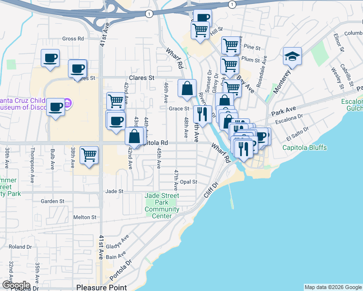 map of restaurants, bars, coffee shops, grocery stores, and more near 4790 Capitola Road in Capitola