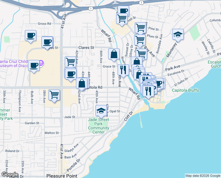 map of restaurants, bars, coffee shops, grocery stores, and more near 4750 Capitola Road in Capitola