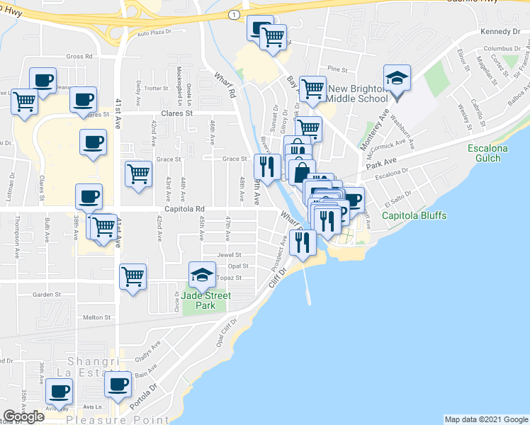 map of restaurants, bars, coffee shops, grocery stores, and more near 4930 Capitola Road in Capitola