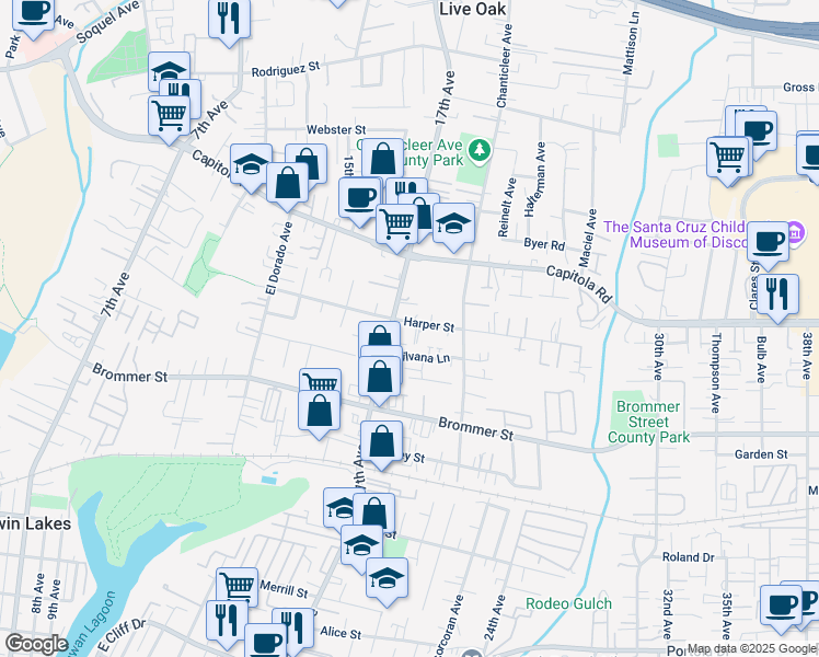 map of restaurants, bars, coffee shops, grocery stores, and more near 1818 Harper St in Santa Cruz