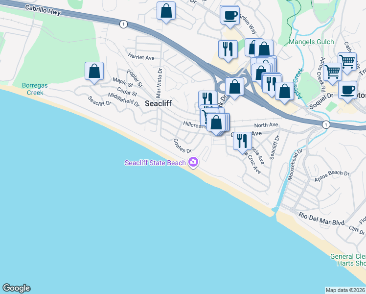 map of restaurants, bars, coffee shops, grocery stores, and more near 353 Coates Drive in Aptos