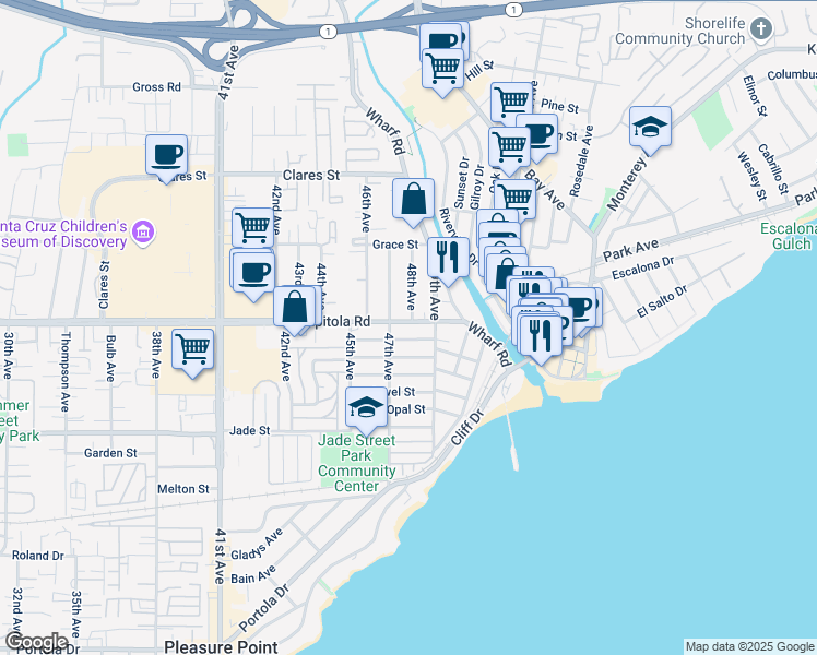 map of restaurants, bars, coffee shops, grocery stores, and more near 4790 Capitola Road in Capitola