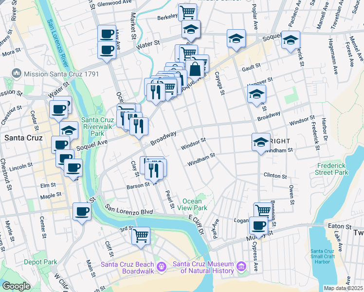 map of restaurants, bars, coffee shops, grocery stores, and more near 111 Windsor Street in Santa Cruz