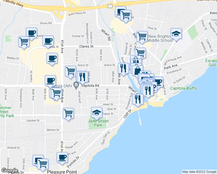 map of restaurants, bars, coffee shops, grocery stores, and more near 1698 47th Avenue in Capitola