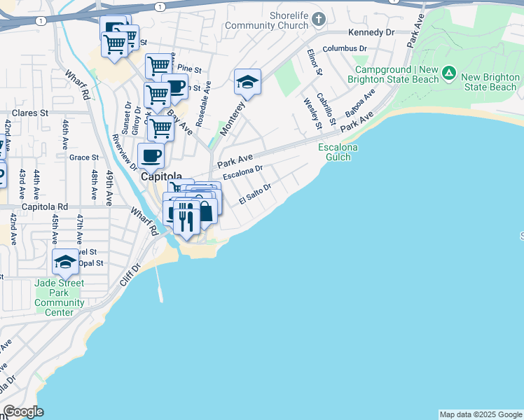 map of restaurants, bars, coffee shops, grocery stores, and more near 308 Grand Avenue in Capitola