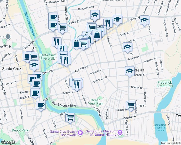 map of restaurants, bars, coffee shops, grocery stores, and more near 111 Windsor Street in Santa Cruz