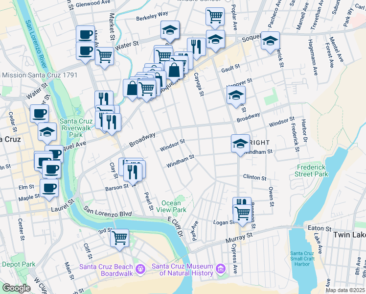 map of restaurants, bars, coffee shops, grocery stores, and more near 224 Caledonia Street in Santa Cruz