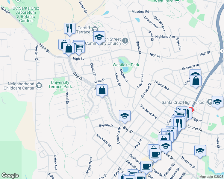 map of restaurants, bars, coffee shops, grocery stores, and more near 197 Archer Drive in Santa Cruz