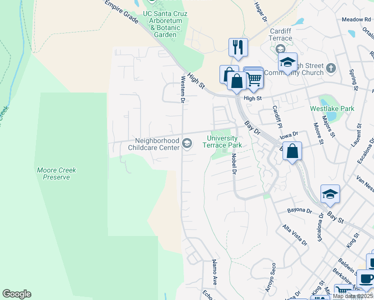 map of restaurants, bars, coffee shops, grocery stores, and more near 904 Western Drive in Santa Cruz