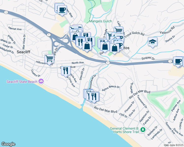 map of restaurants, bars, coffee shops, grocery stores, and more near 207 Forest Drive in Aptos