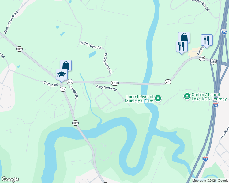 map of restaurants, bars, coffee shops, grocery stores, and more near 185 Amy North Road in Corbin