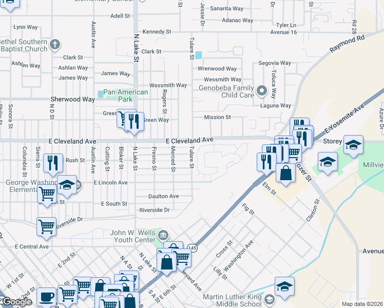 map of restaurants, bars, coffee shops, grocery stores, and more near Tulare Street & Grant Avenue in Madera