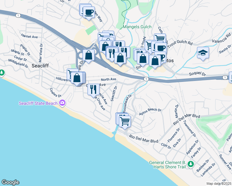 map of restaurants, bars, coffee shops, grocery stores, and more near 125 Seacliff Drive in Aptos