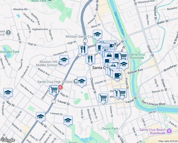 map of restaurants, bars, coffee shops, grocery stores, and more near 212 Laurel Street in Santa Cruz