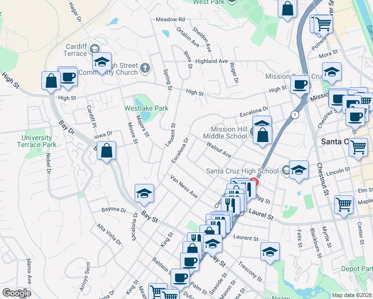 map of restaurants, bars, coffee shops, grocery stores, and more near 127 Easterby Avenue in Santa Cruz