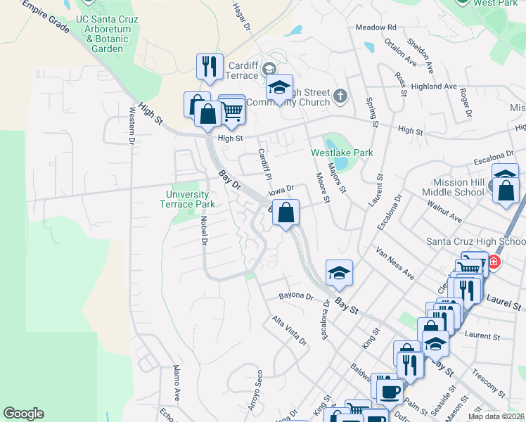 map of restaurants, bars, coffee shops, grocery stores, and more near 131 Torrey Pine Terrace in Santa Cruz