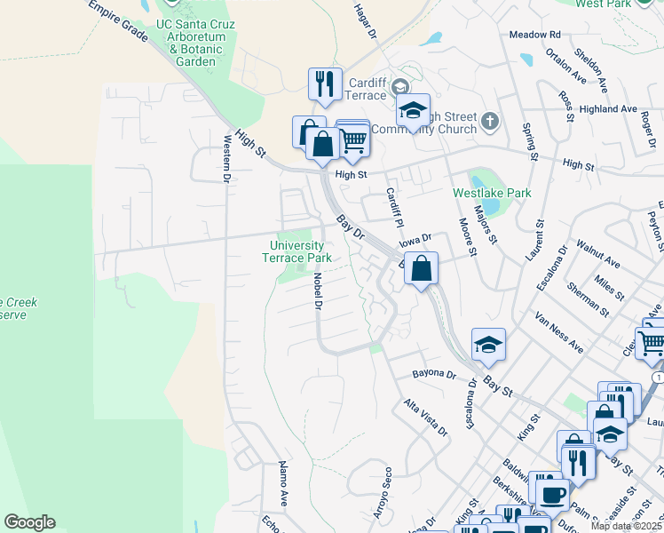 map of restaurants, bars, coffee shops, grocery stores, and more near 660 Nobel Drive in Santa Cruz