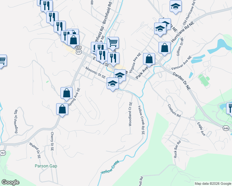 map of restaurants, bars, coffee shops, grocery stores, and more near 323 Railroad Avenue Southeast in Wise