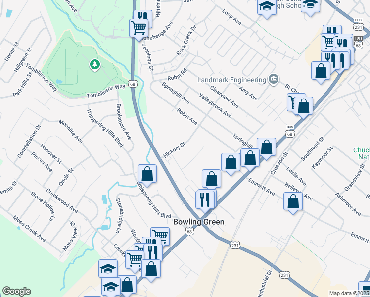 map of restaurants, bars, coffee shops, grocery stores, and more near 2311 Russellville Road in Bowling Green
