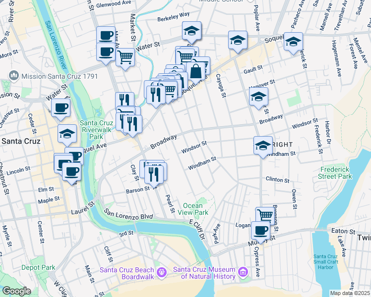 map of restaurants, bars, coffee shops, grocery stores, and more near 405 South Branciforte Avenue in Santa Cruz