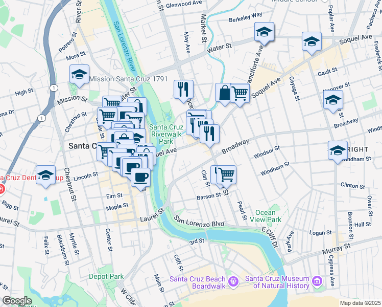 map of restaurants, bars, coffee shops, grocery stores, and more near 320 Soquel Avenue in Santa Cruz