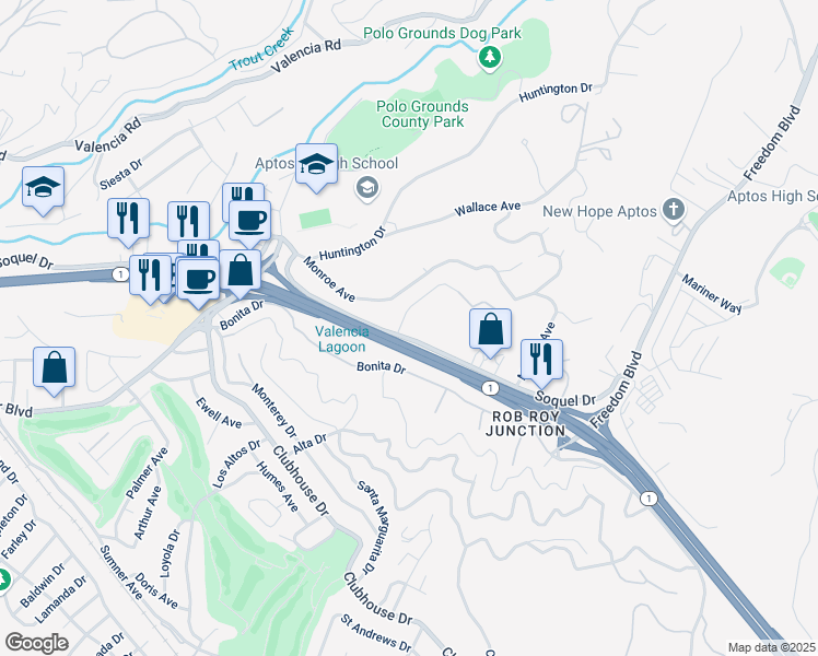 map of restaurants, bars, coffee shops, grocery stores, and more near 9651 Soquel Drive in Aptos