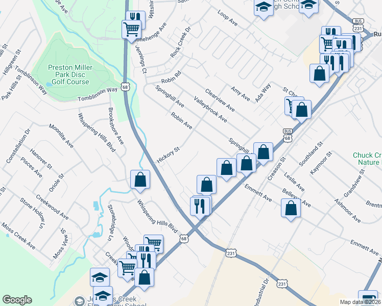 map of restaurants, bars, coffee shops, grocery stores, and more near 2159 Prospector Ct in Bowling Green
