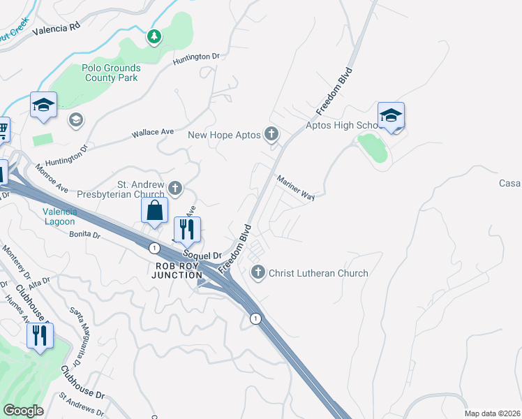 map of restaurants, bars, coffee shops, grocery stores, and more near 9 Eugenia Avenue in Aptos