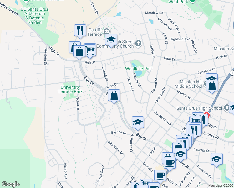 map of restaurants, bars, coffee shops, grocery stores, and more near 217 Fridley Drive in Santa Cruz