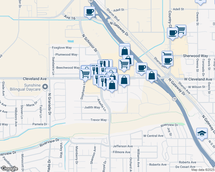 map of restaurants, bars, coffee shops, grocery stores, and more near 1663 North Schnoor Street in Madera