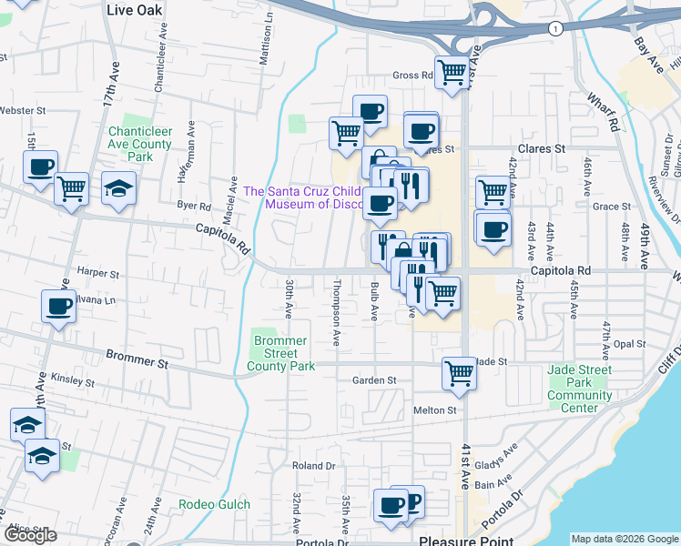 map of restaurants, bars, coffee shops, grocery stores, and more near 1645 Thompson Avenue in Santa Cruz