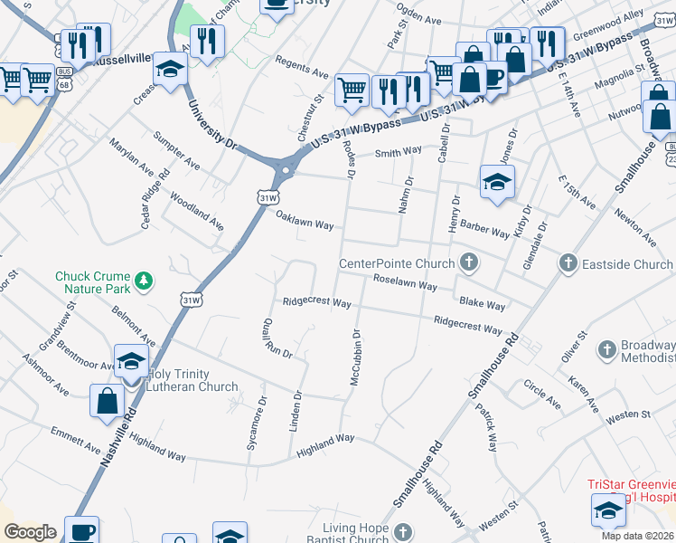map of restaurants, bars, coffee shops, grocery stores, and more near 1357 Rodes Drive in Bowling Green
