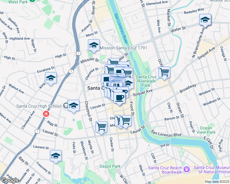 map of restaurants, bars, coffee shops, grocery stores, and more near 108 Walnut Avenue in Santa Cruz